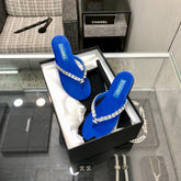 THONG SLIDE IN COBALT BLUE SUEDE WITH WHITE CRYSTALS